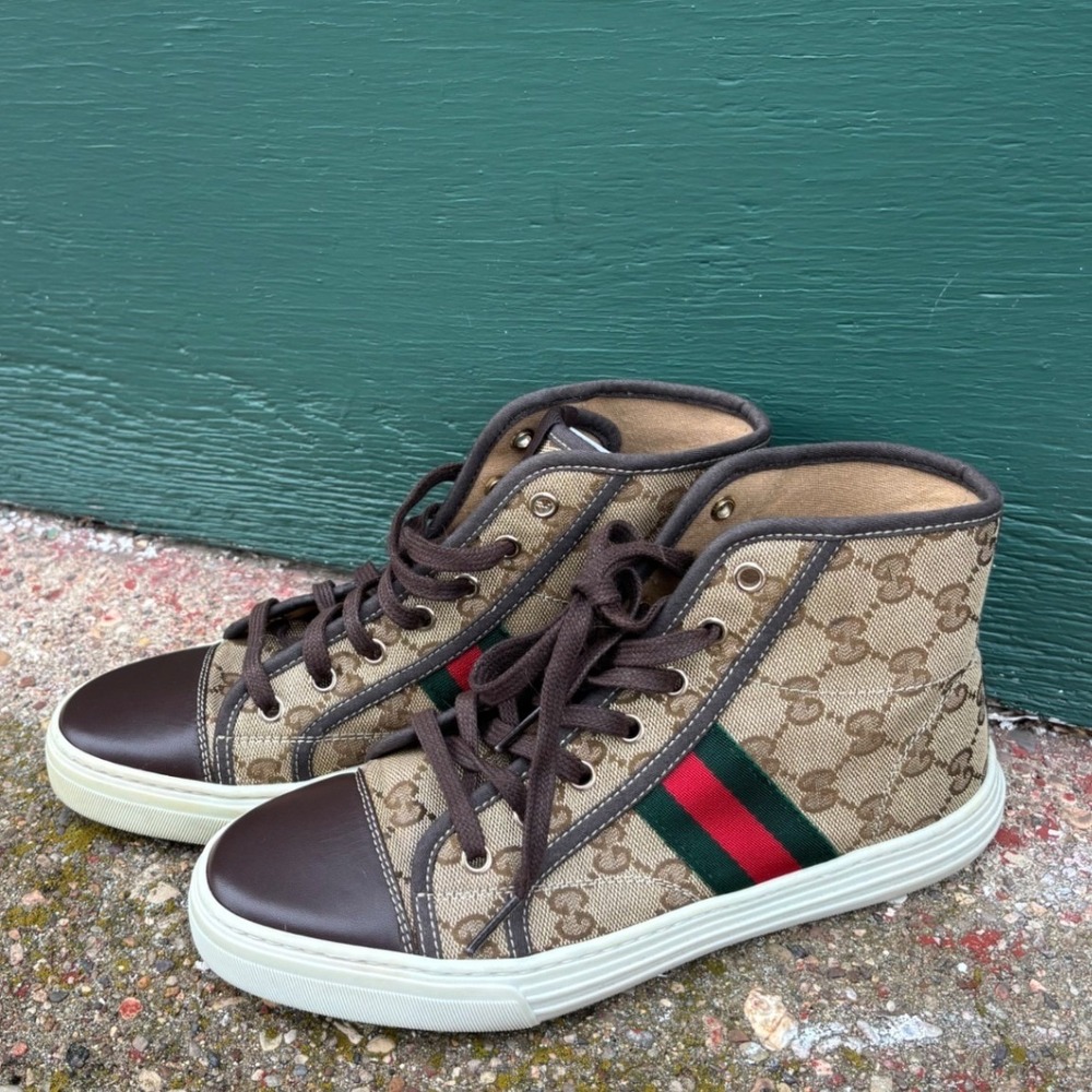 2000s Gucci GG Canvas High Top Sneakers 37 Brown Leather Web Stripe Vintage